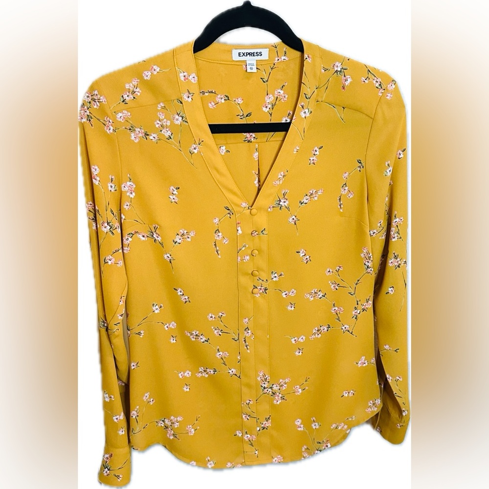 Express Yellow Floral Button Down Polyester Long Sleeve Business Casual Top